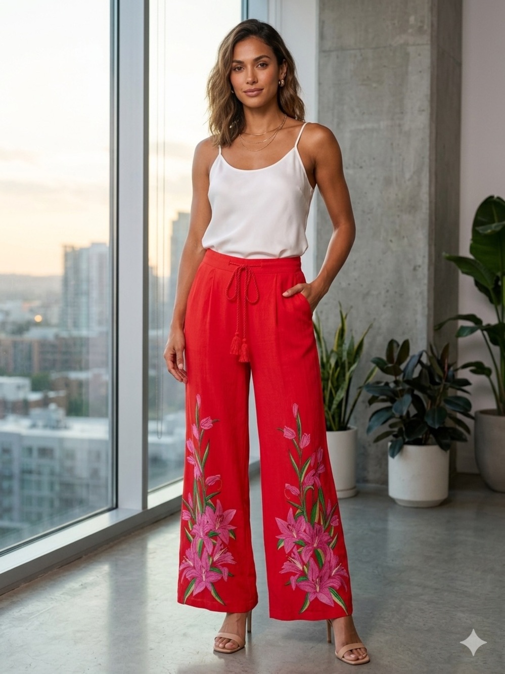 Lulumari Red Wide-Leg Pants with Pink Floral Embroidery